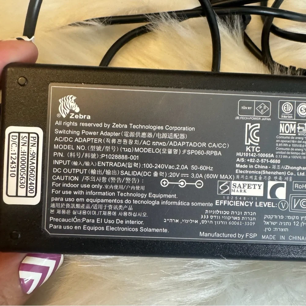 Zebra FSP060-RPBA AC Adapter 20V 3A 60W Power Supply P1028888-001 No Power Cord